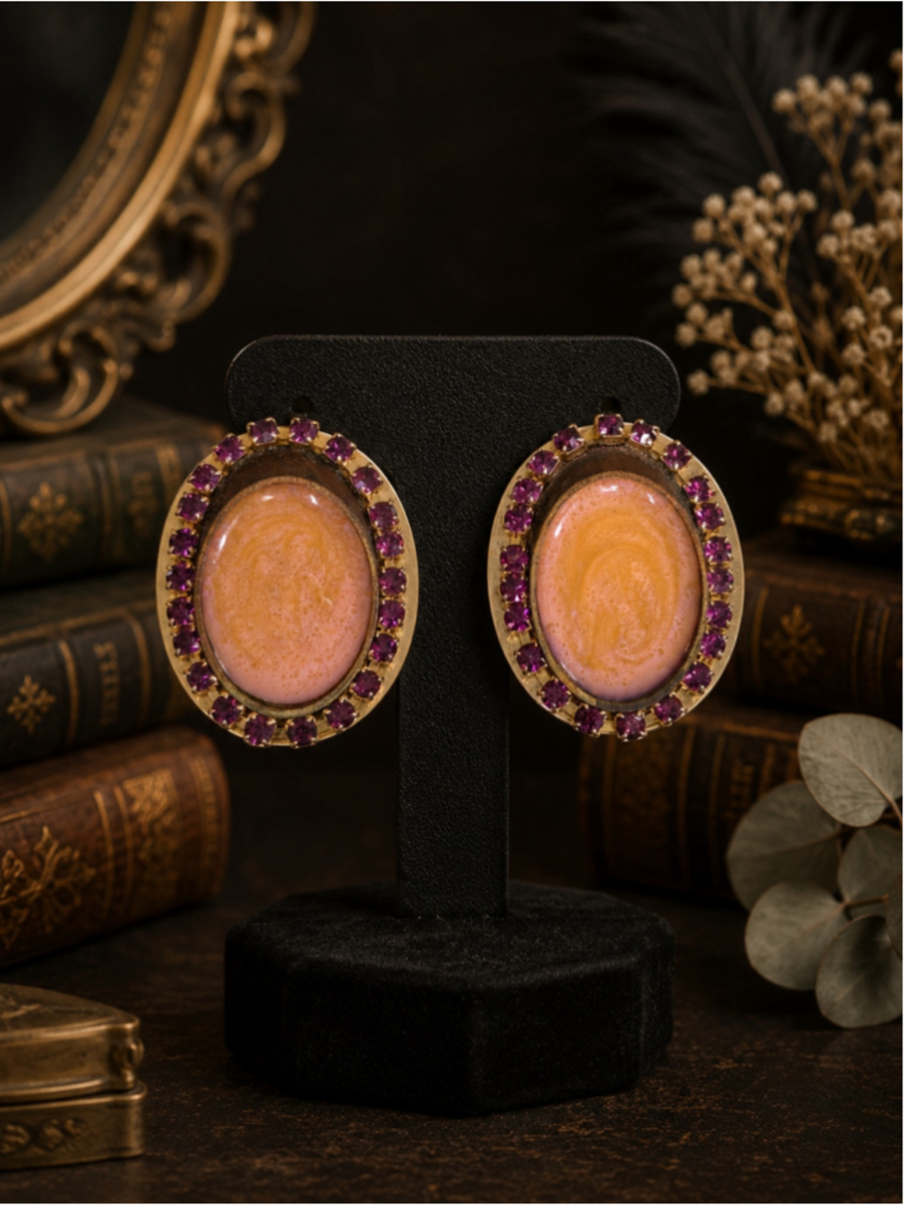Vintage KIEN Pink Art Glass Cabochon Purple Rhinestone Clip On Earrings Signed
